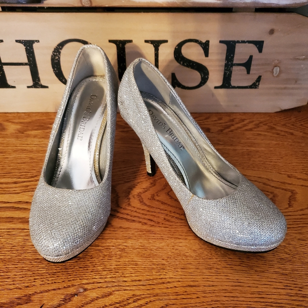 David's Bridal Silver High Heel Wedding Shoes